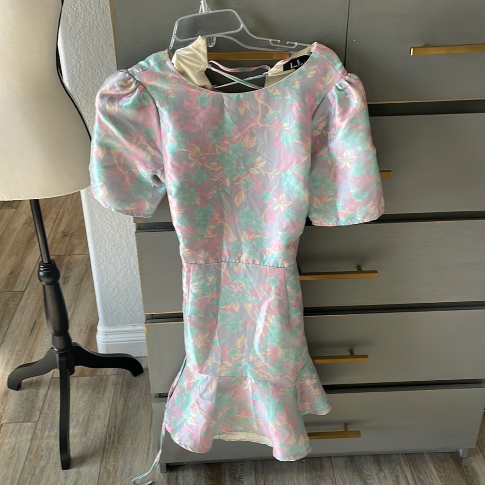 Lulu's Pastel Floral Puff-Sleeve Fit & Flare Dress